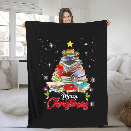 Merry Christmas Tree Love Reading Books Librarian Fleece Blankets