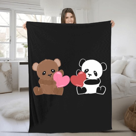 Panda Bears AnimalLove Hearts Cute Friends Fleece Blankets