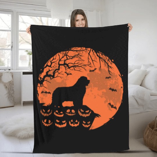 Newfoundland And Moon Halloween Funny Dog Lover Fleece Blankets