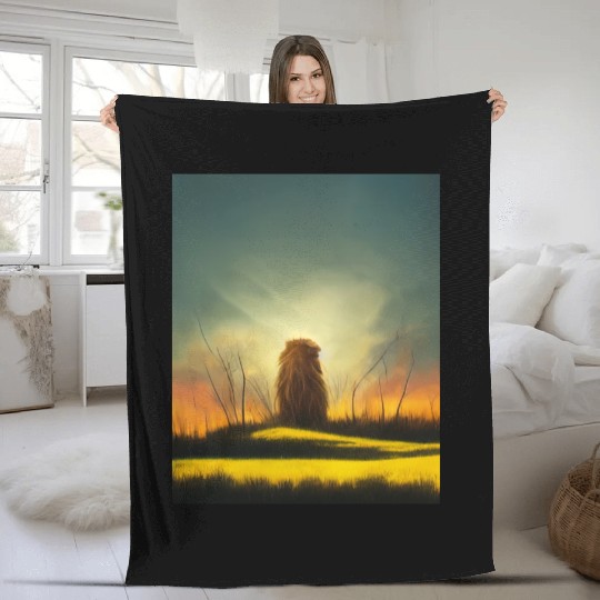 Lion meditate on sunrise, painting Fleece Blankets