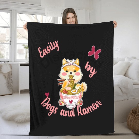 funny easily distracted by dogs and ramen Fleece Blankets