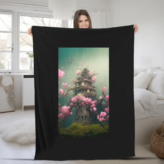 Underwater Sakura Temple Fleece Blankets