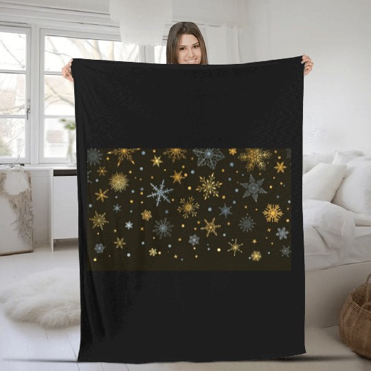 Elegant Snowflakes Black Gold Silver Fleece Blankets