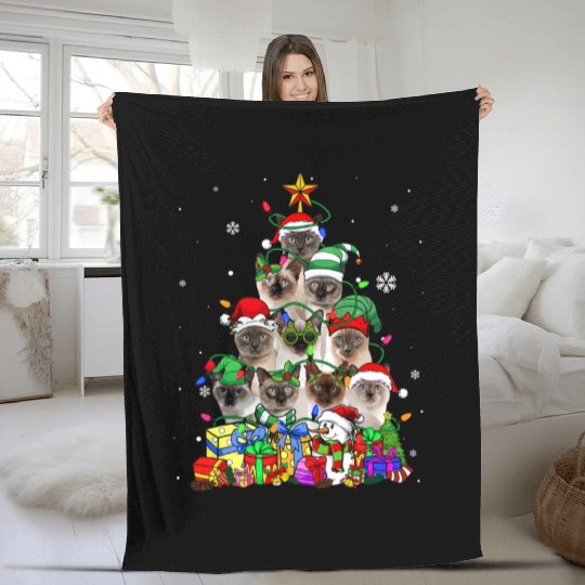 Cat Lover Funny Siamese Tree Christmas Light Fleece Blankets