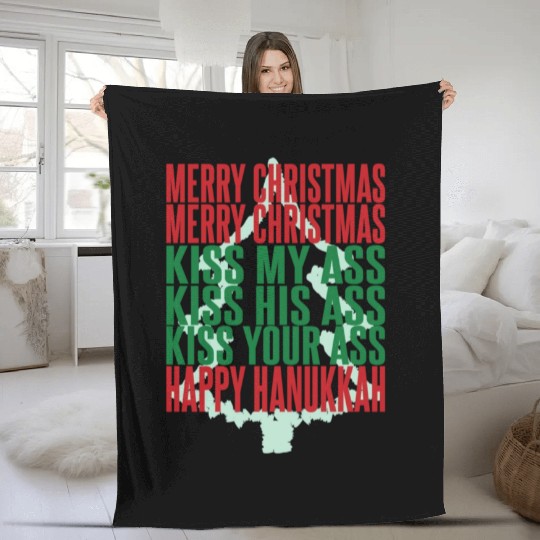 Merry Christmas Kiss My Ass Funny Hanukkah Tree Fleece Blankets