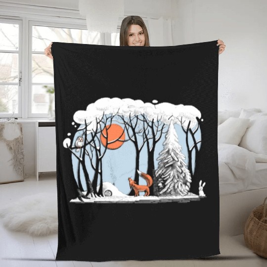 Winter landscape with fox and owl Fleece Blankets