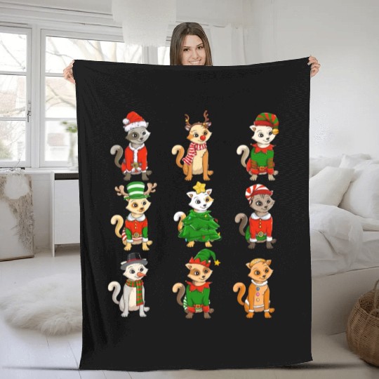 Santa Cat Christmas Tree Lights ELF Reindeer Lover Fleece Blankets