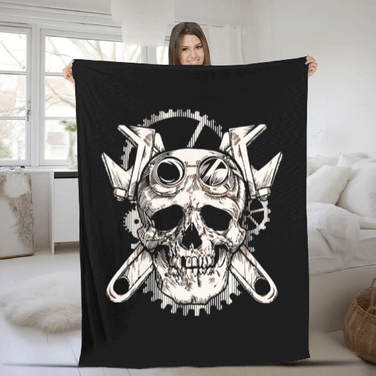 Skull Mechanic Cross Tools Mechanic Fleece Blankets