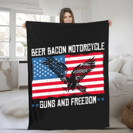 Beer Bacon Motorcycle Guns And Freedom US Flag Fleece Blankets