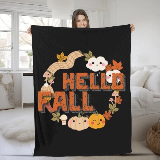 Hello Fall Cute Nature Autumn leaves Pumpkins Fleece Blankets