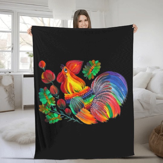 Magic cock. Petrykivka painting. Rainbow rooster Fleece Blankets