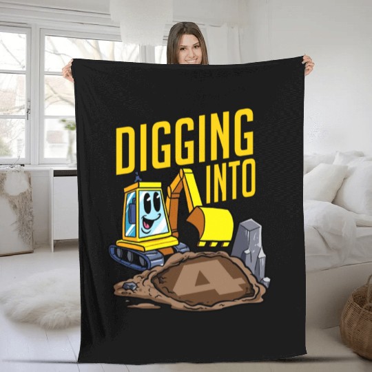 Excavator Driver Digging Into 4 Birthday Excavator Fleece Blankets