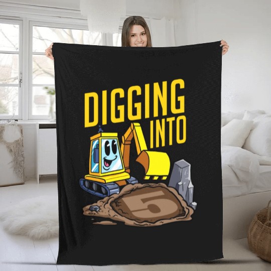 Excavator Driver Digging Into 5 Birthday Excavator Fleece Blankets