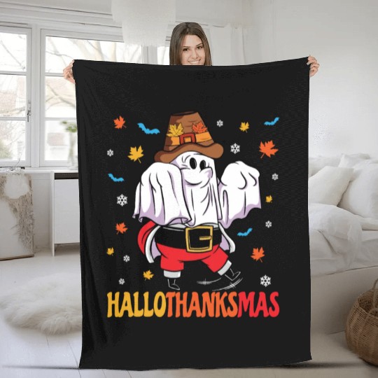 Happy Hallothanksmas Halloween Thanksgiving Santa Fleece Blankets