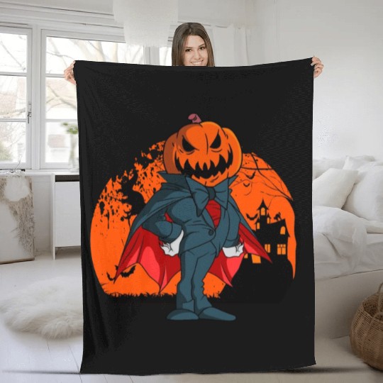 Vampire Pumpkin Head Jack O' Lantern Halloween Fleece Blankets