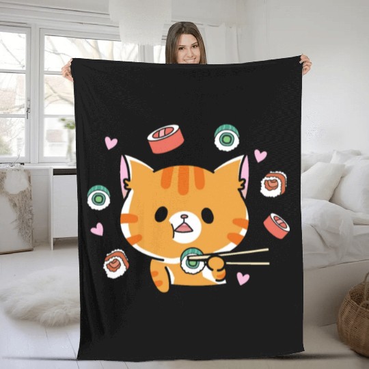 Kawaii Cat Eating Sushi Japanese Raw FoodKawaii Fleece Blankets