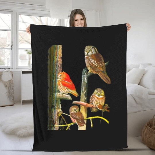 Bird Watchers Four Great Owls In a Tree Owl Lovers Fleece Blankets