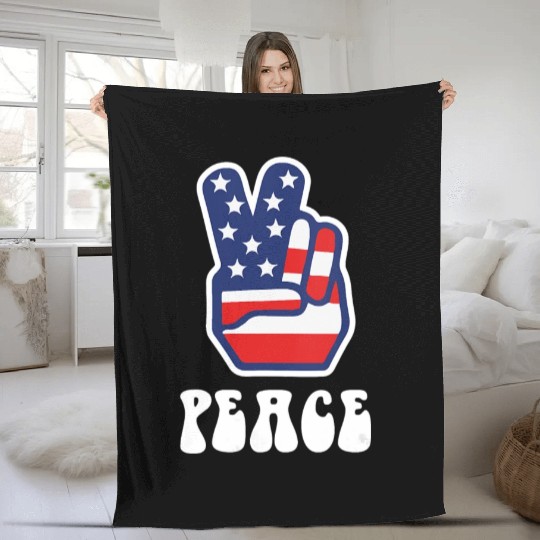 Womens Peace Sign US Flag Stars Stripes Hippie Fleece Blankets