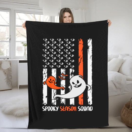 Groovy Halloween Spooky Season Squad US Flag Fleece Blankets
