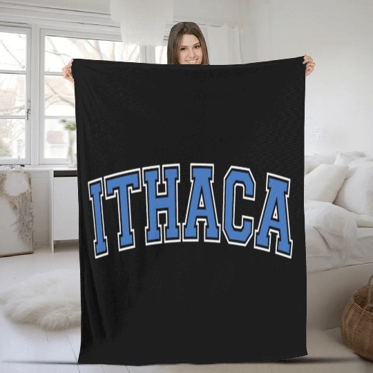 Ithaca Varsity Style Blue Text Fleece Blankets
