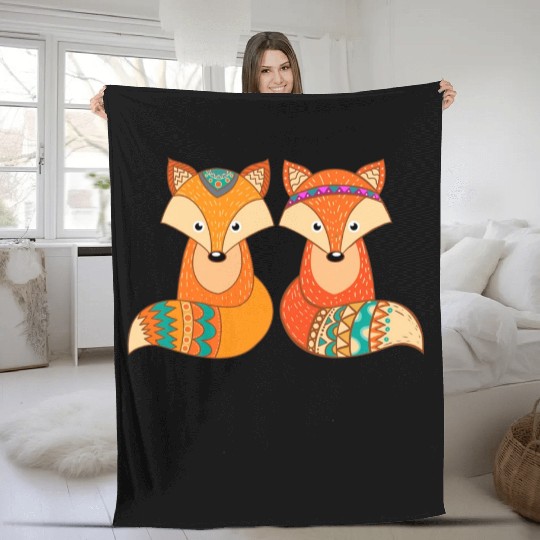 Tribal Fox Couple Wildlife Animal Lover Zookeeper Fleece Blankets