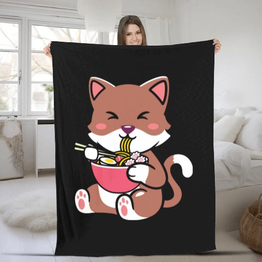 womens kawaii cat ramen anime neko teen boys girls Fleece Blankets