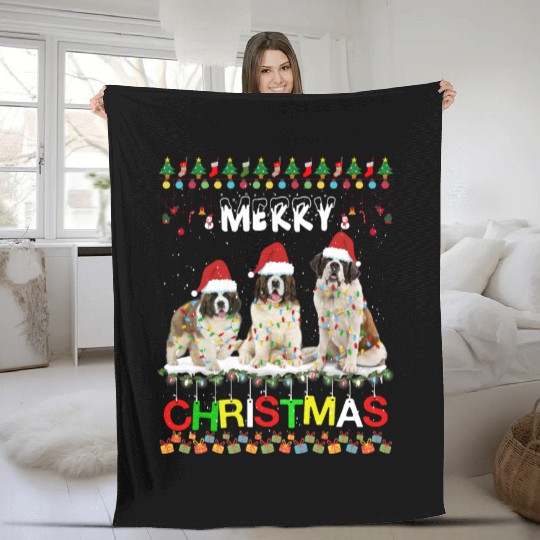 Saint Bernard Christmas Tree Light Pajama Xmas Dog Fleece Blankets