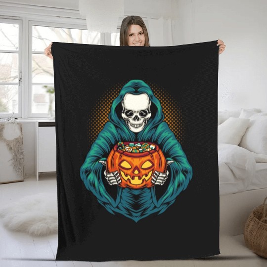 Grim Reaper With Scary Pumpkin - Halloween Fleece Blankets