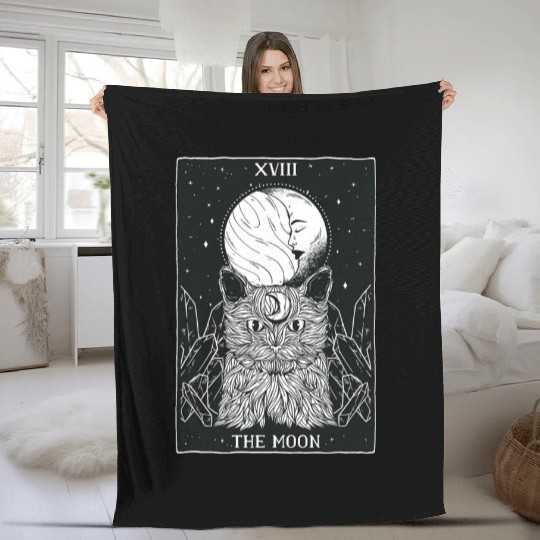 Tarot Card Crescent Moon And Cat Spooky Witch Occu Fleece Blankets