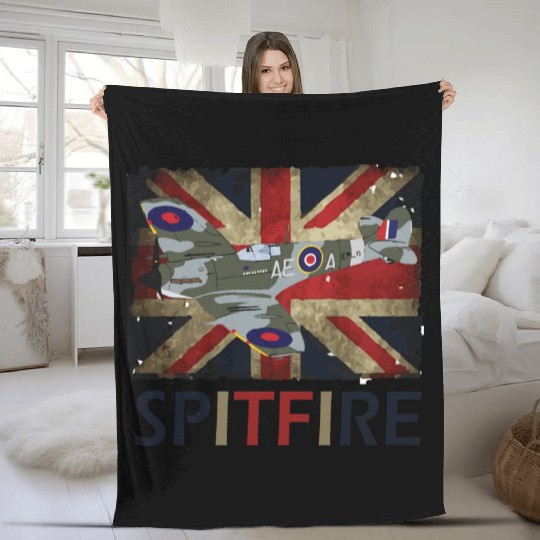 Spitfire WW2 Fighter Aircraft Airplane Union Jack Fleece Blankets