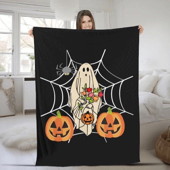 Halloween Costume Floral Ghost Pumpkin SpiderWeb Fleece Blankets