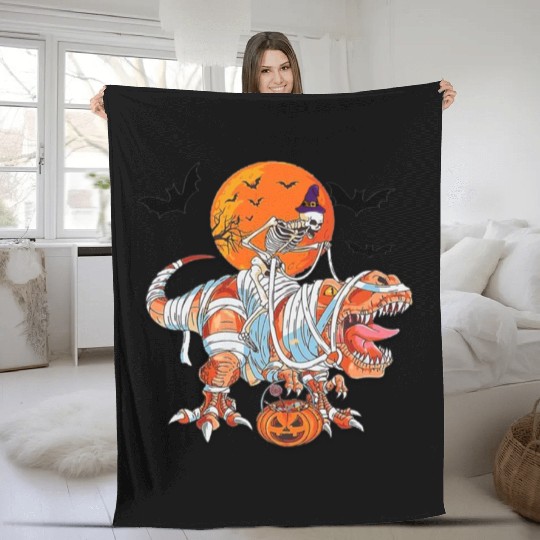Skeleton Riding Mummy Dinosaurs T Rex Halloween Fleece Blankets