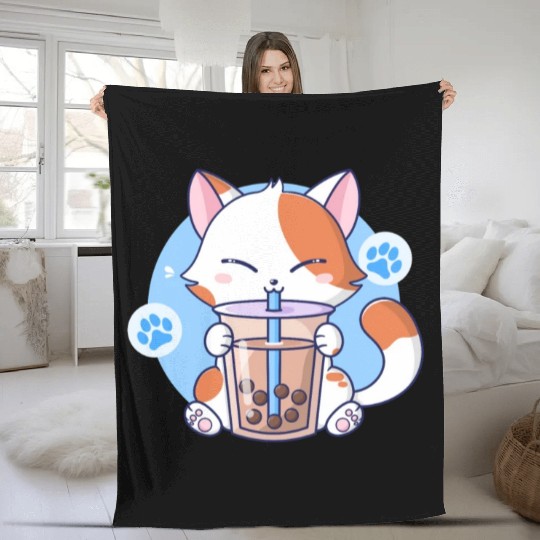 Cat Boba Tea Bubble Tea Kawaii Anime Japanese Neko Fleece Blankets