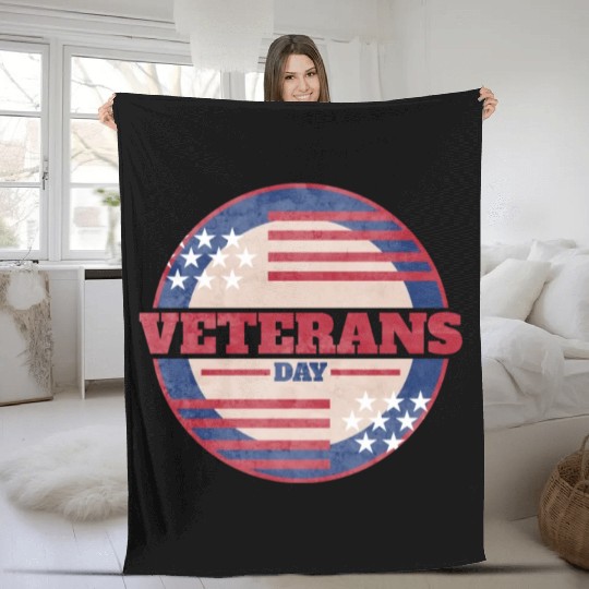 US Flag Round Logo For Veterans Day Fleece Blankets