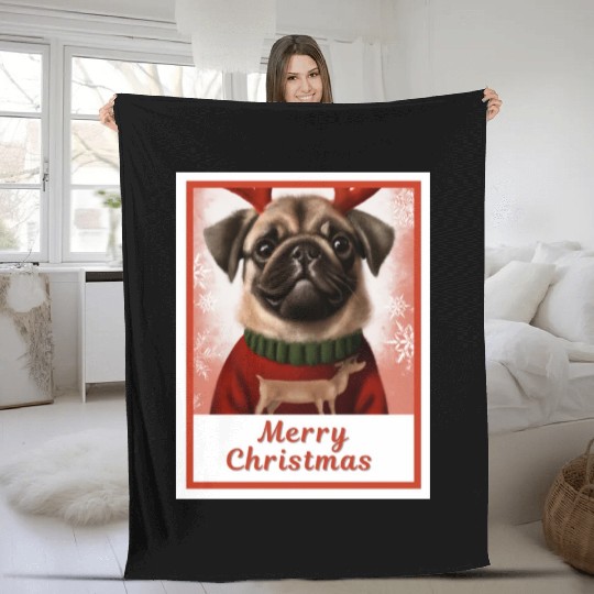 Portrait, Sweet happy doggy (Pug) in a Christmas. Fleece Blankets