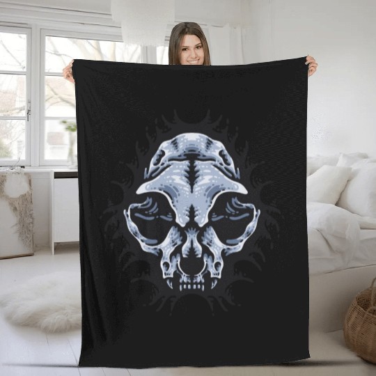 Cat Skull Bursting out gray scale oddities Fleece Blankets
