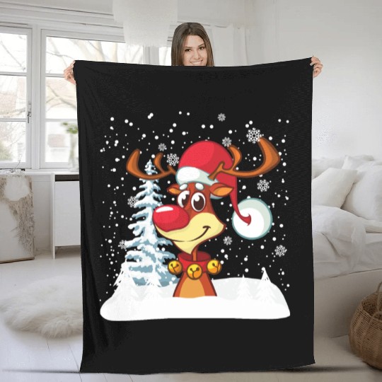 Funny Reindeer Red Nose Santa Snowflake Fleece Blankets