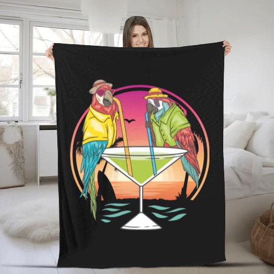 Parrots Drinking Margarita Hawaiian Birds Gift Fleece Blankets