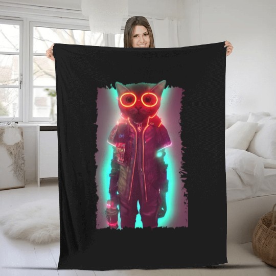 Futuristic Cyberpunk Cat Fleece Blankets