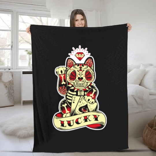 lucky cat Skull Candy Fleece Blankets