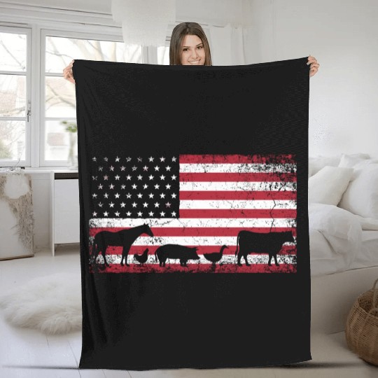 American Flag 4Th Of July Farm Farmer Chicken Hors Fleece Blankets