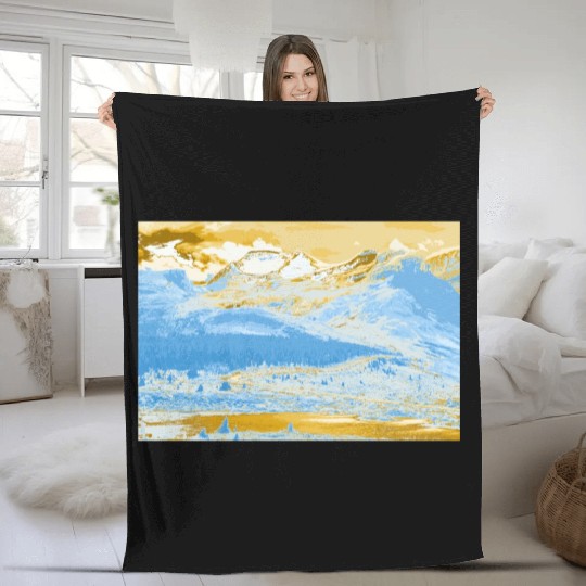 Golden Blue Mountain Lake Fleece Blankets