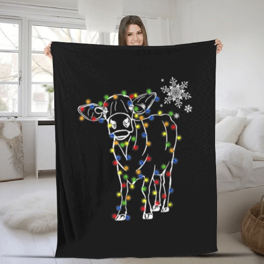 Cow Christmas Light Tree Cow Xmas Snow Lover Fleece Blankets