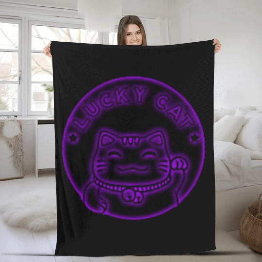 Purple neon lucky cat Fleece Blankets