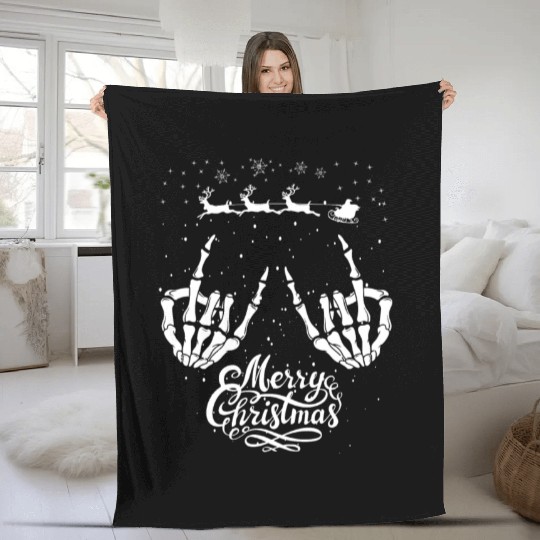 Rock On Rock Star Christmas Skeleton Hands Santa Fleece Blankets