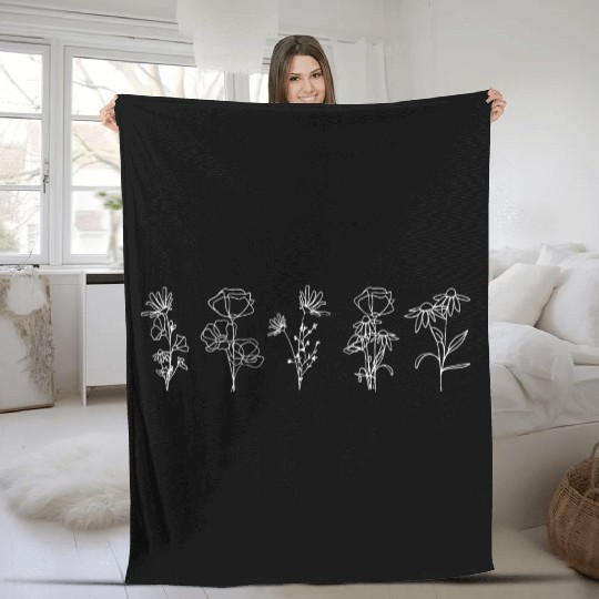 Modern Minimalist Wildflowers Line Art Fleece Blankets