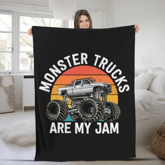 Monster Trucks Are My Jam Vintage Retro Fleece Blankets