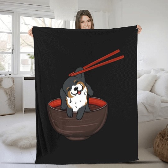 Bernese Mountain Dog Dipping Noodles Fleece Blankets