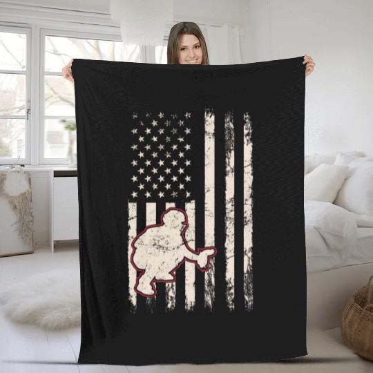 Baseball Catcher USA Flag Patriotic American Flag Fleece Blankets