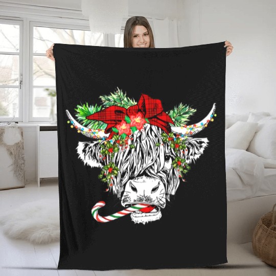 Christmas Highland Cow Merry Christmas Fleece Blankets
